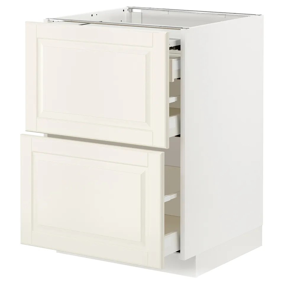 White METOD kitchen cabinet with off-white doors and drawers.