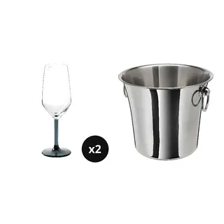 RÖDRÄKA/SOLDRÄNKT set: champagne glass + wine cooler, blue-grey/clear glass + stainless steel, 25 cl