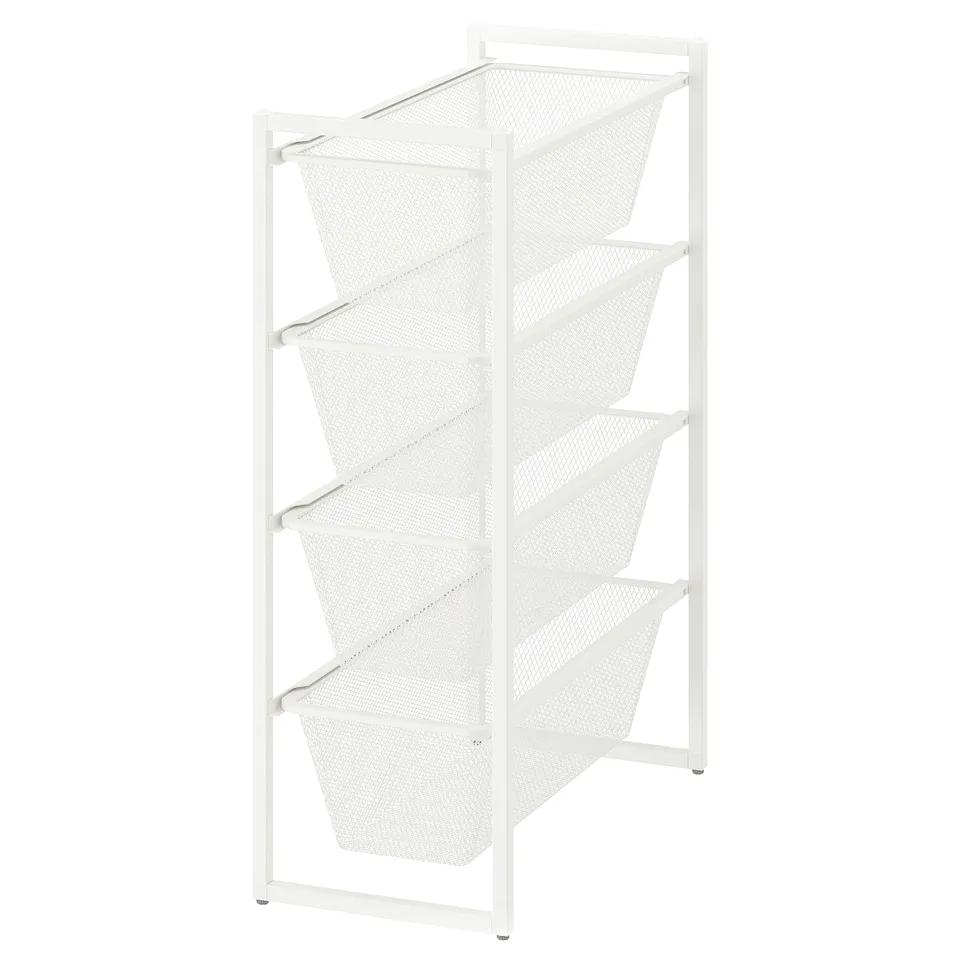 White JONAXEL mesh storage, 4-tiered, rectangular, metal frame, breathable baskets.