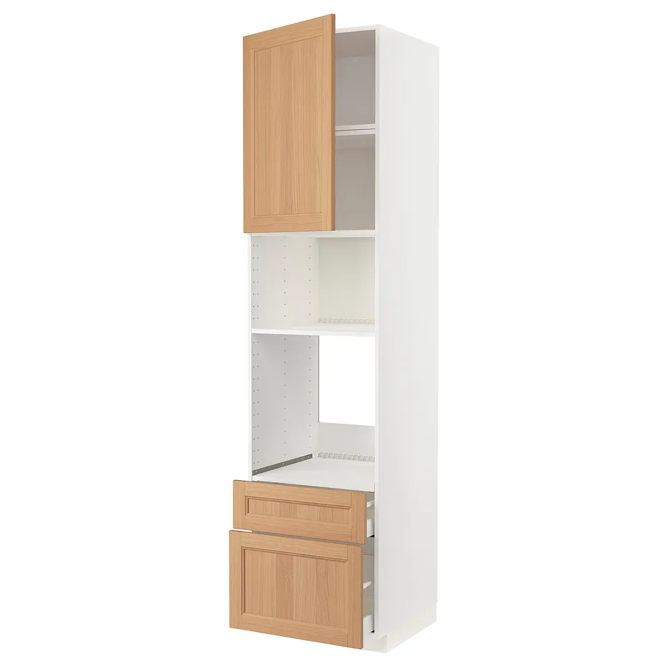 A white METOD kitchen cabinet with light oak doors and shelves.