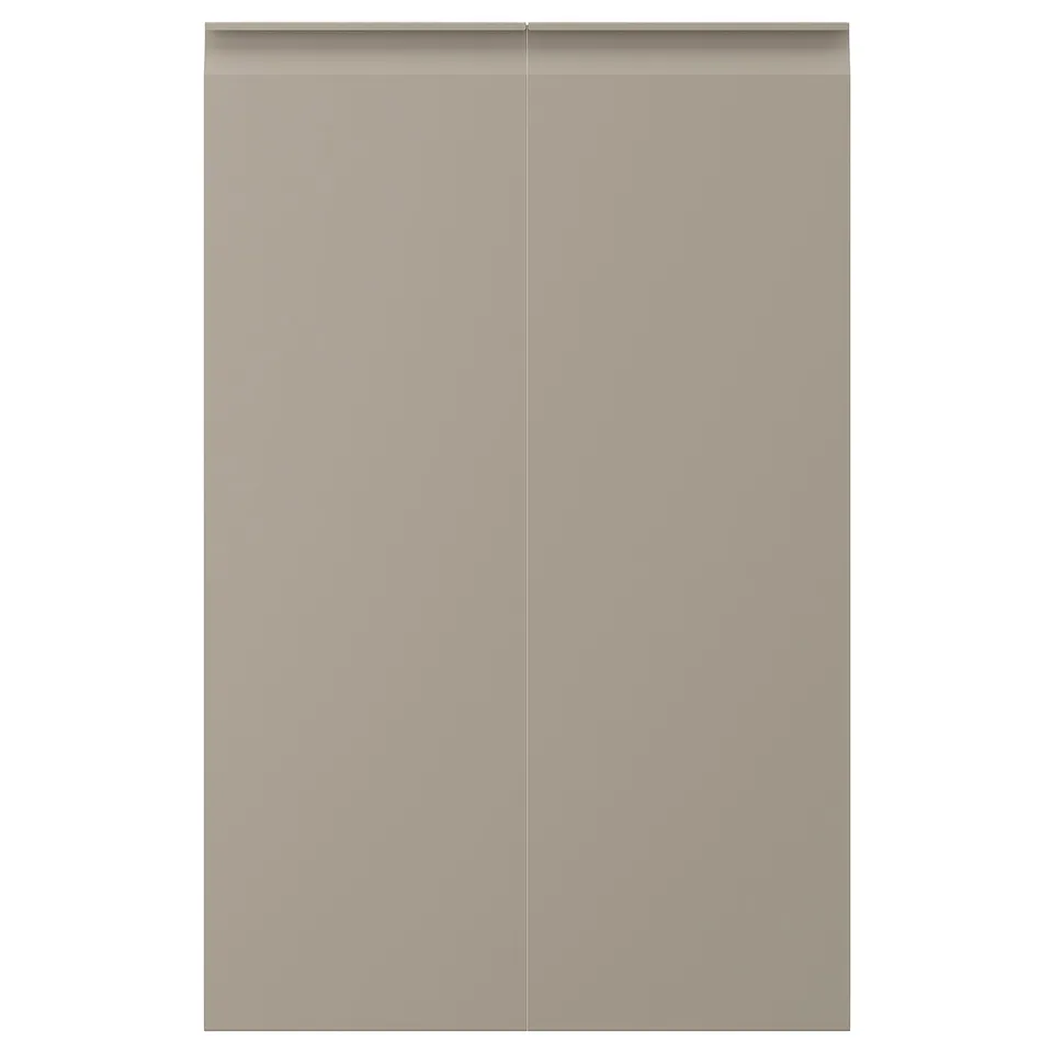 UPPLÖV beige kitchen cabinet doors with sleek, integrated handles and chamfered edges.