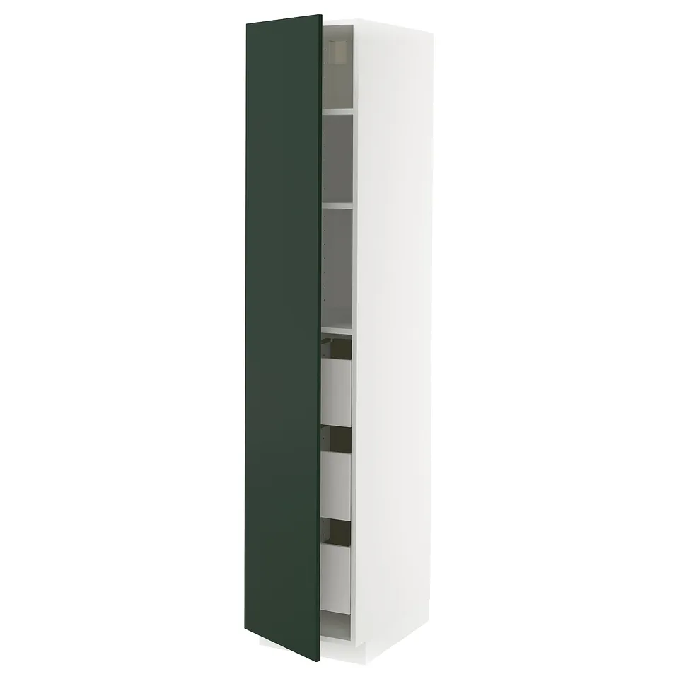 METOD kitchen cabinet: tall, white, green door, modern, adjustable shelves, soft-close drawer.