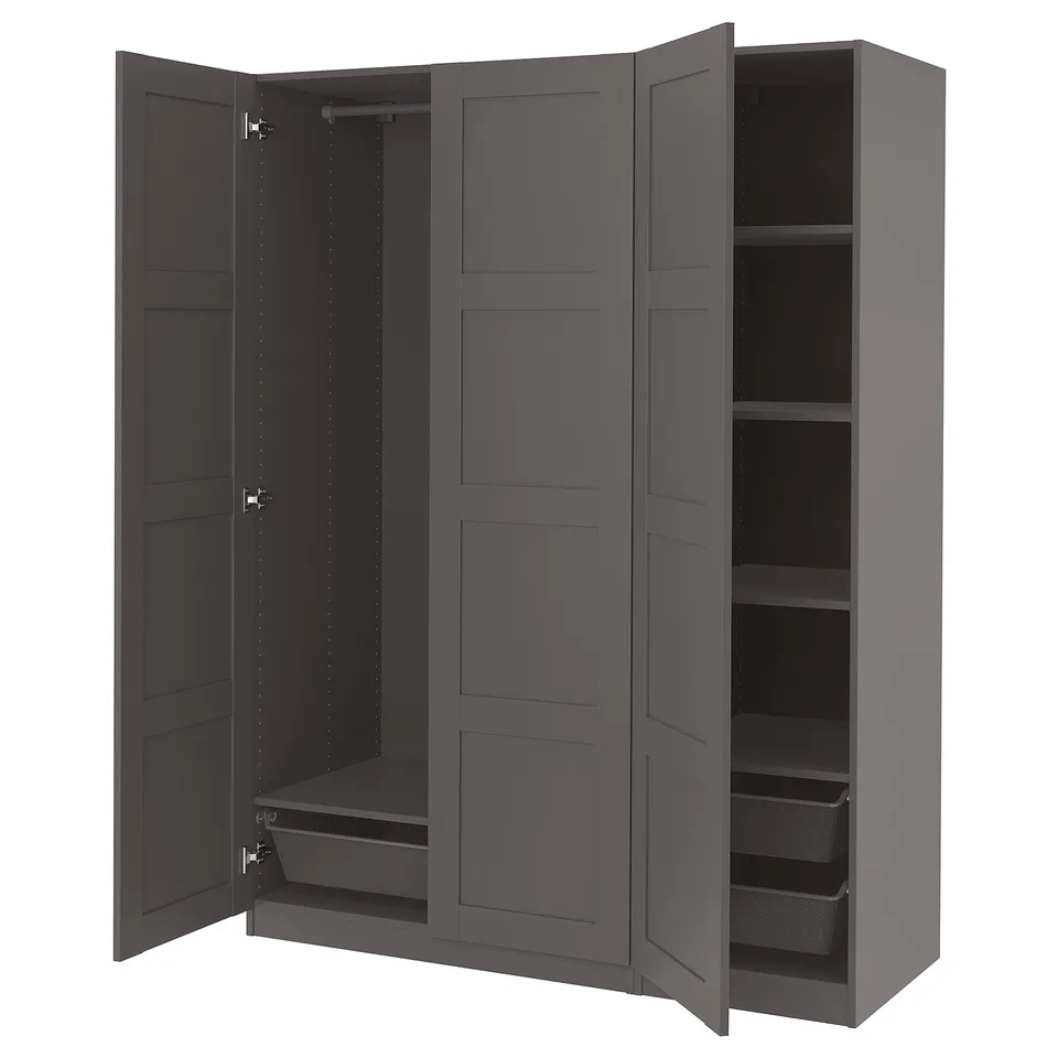 Modern grey PAX wardrobe, three-door design, tall and slim, with panel doors, interior shelves, and a mesh basket.