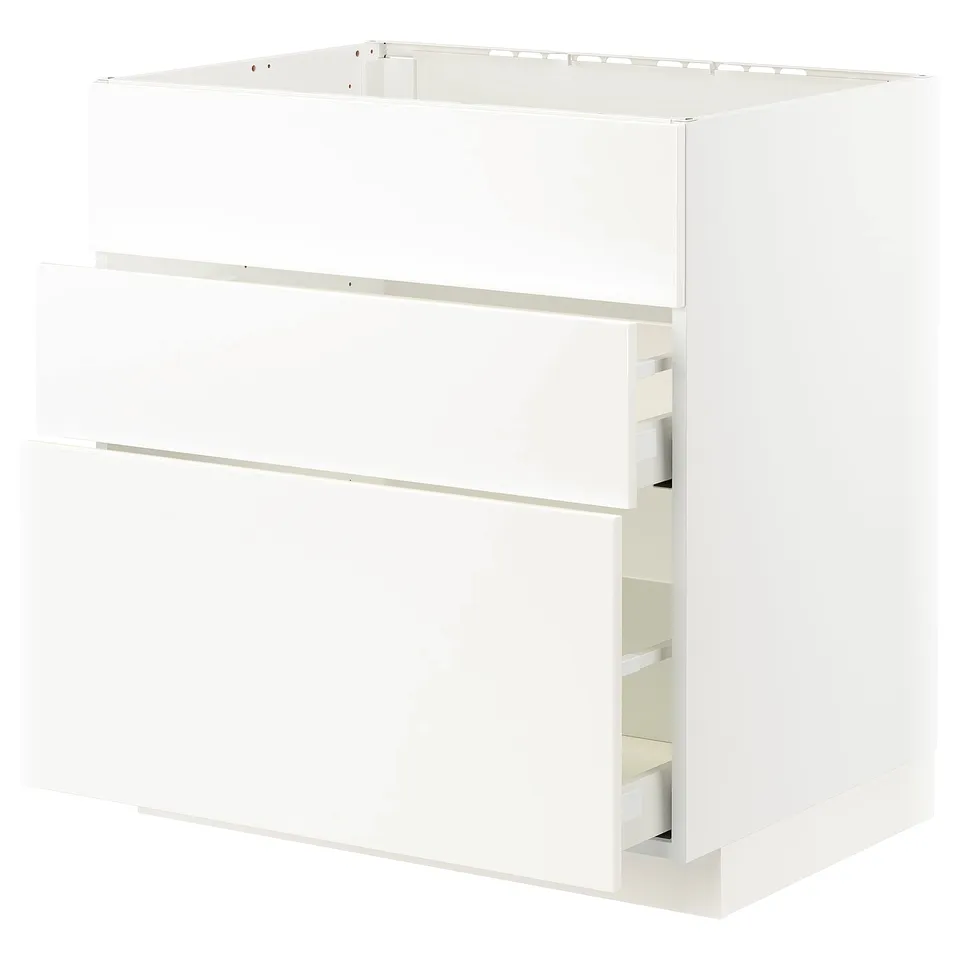White METOD kitchen unit with veddinge fronts, 3 smooth drawers.
