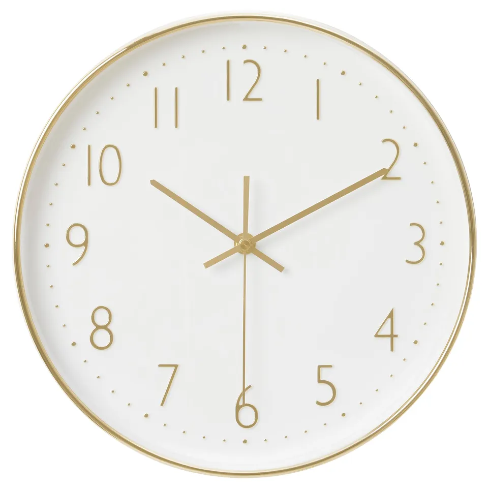 Elegant gold JÄNKIG wall clock, white dial, silent quartz movement.