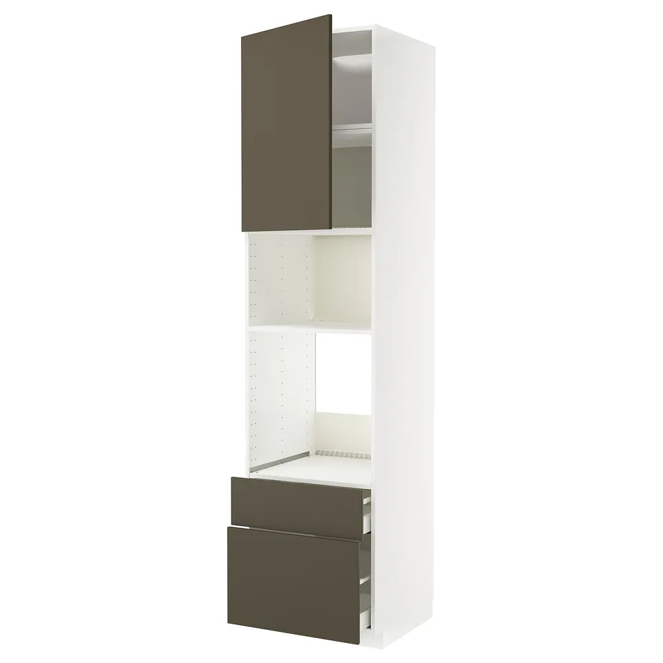 METOD kitchen unit, white body, dark brown drawers and door, 3 shelves, sleek modern design.