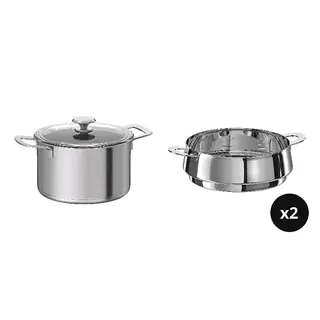 HEMKOMST/STABIL set: pot with lid + steamer insert x2, stainless steel/glass + stainless steel, 5 l
