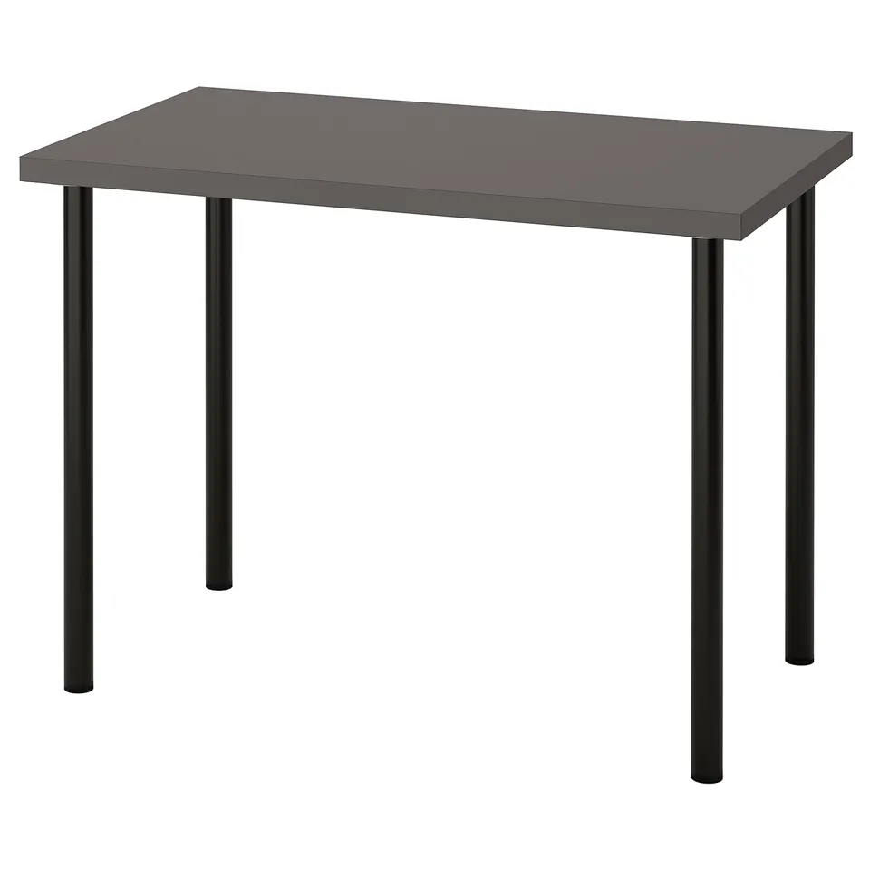 Displays a LINNMON grey rectangular table with black metal legs. Modern design with sleek lines and adjustable feet for stability.