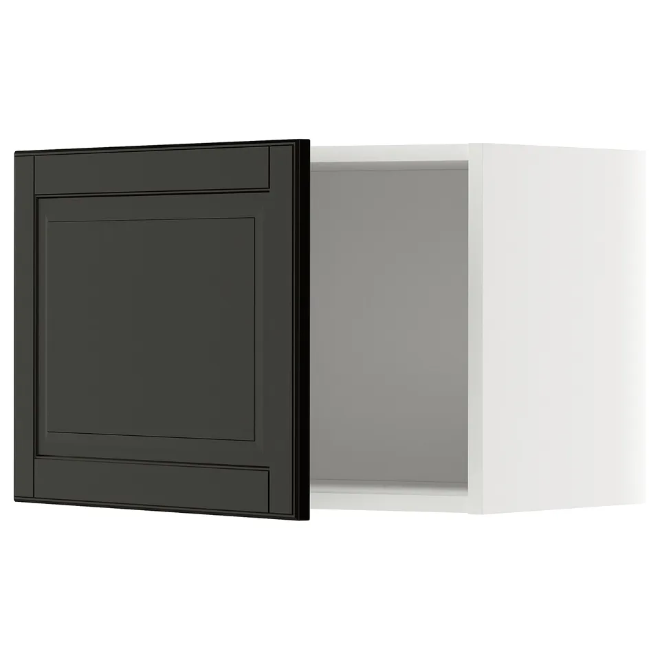 A black METOD kitchen cabinet with a bevelled edge design. The cabinet is square-shaped with a modern aesthetic.