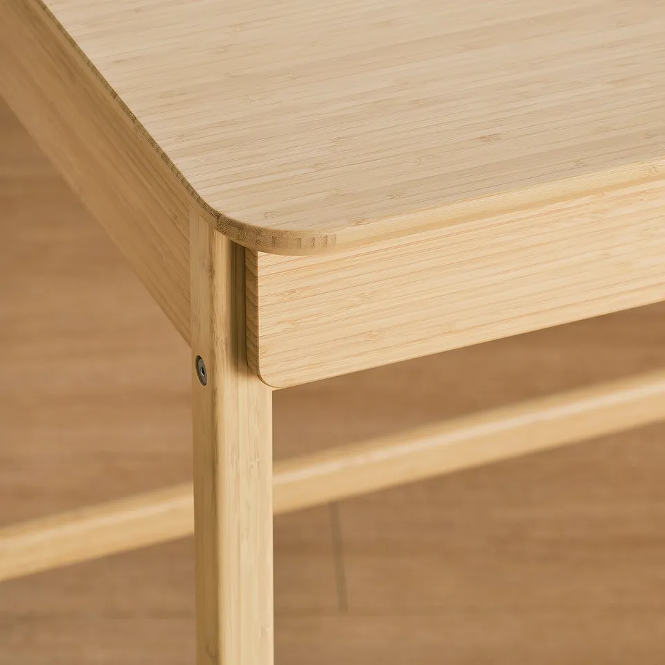 Natural wood desk, well-crafted with smooth finish. Rounded corner and sleek design.