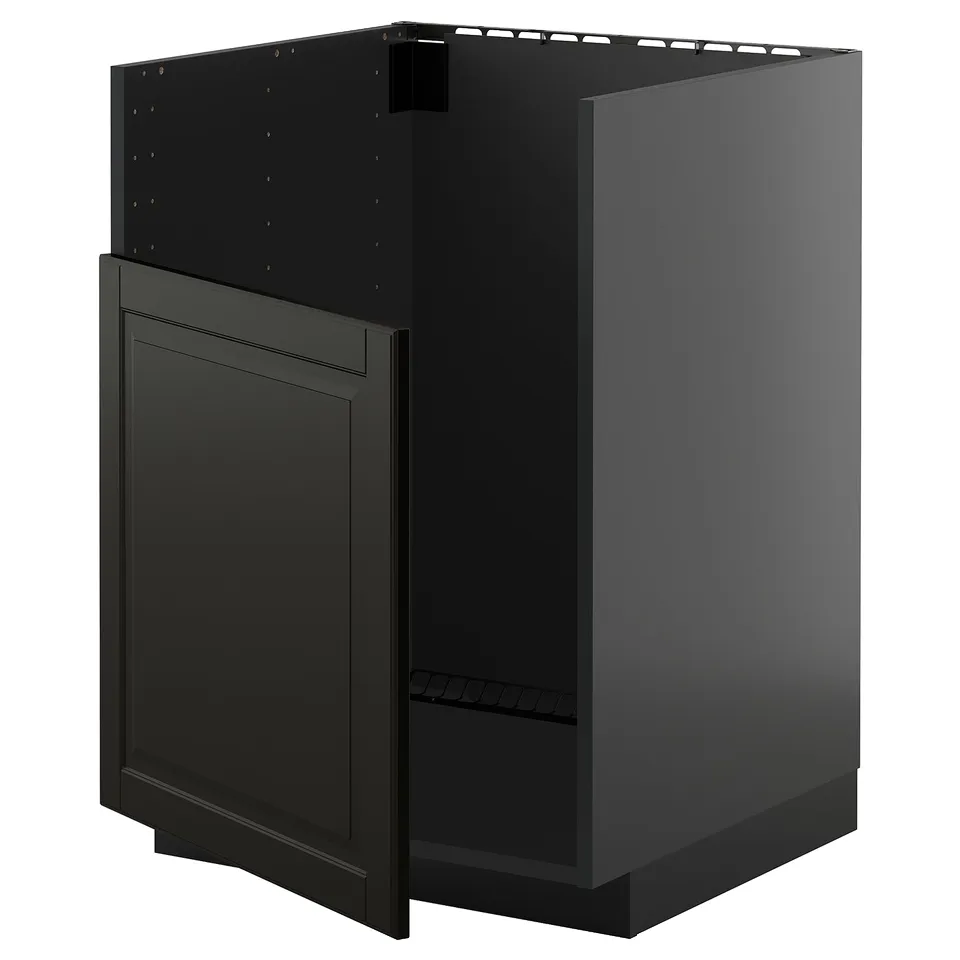 Black kitchen cabinet, modern design, square shape with flat panels, part of METOD system.