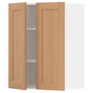 METOD wall cabinet with shelves/2 doors, white/Vedhamn oak, 60x37x80 cm