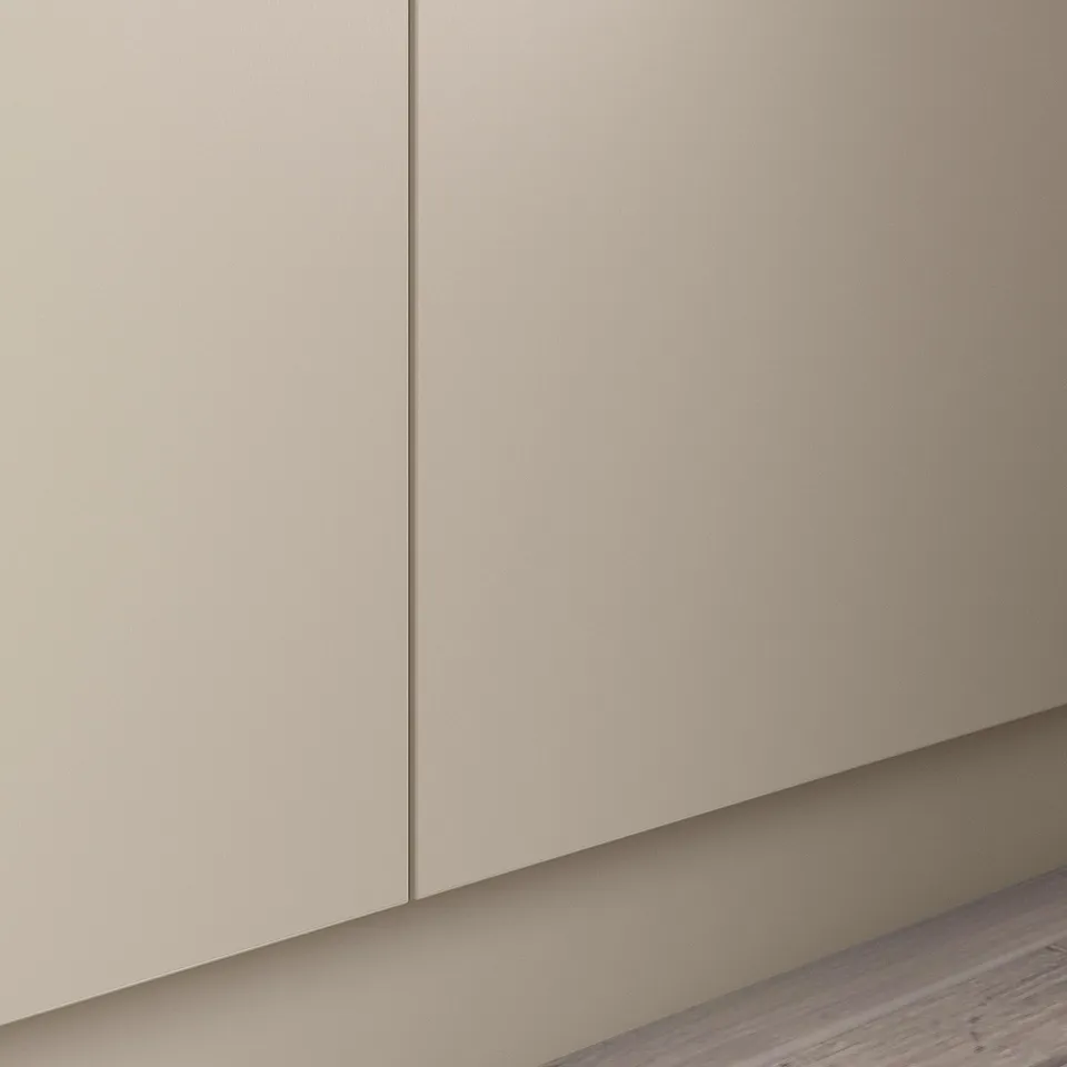 Modern white and pale grey cabinet close-up, smooth surfaces.