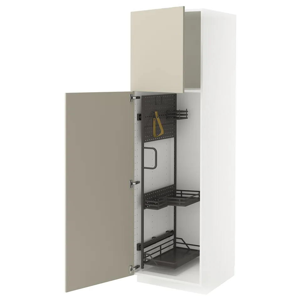 Open white cabinet with beige door, featuring black pull-out organisers.