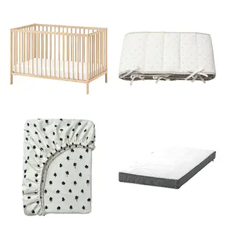 DRÖMMANDE/GRÖNFINK/LENAST/SNIGLAR set: cot + bumper pad + fitted sheet for cot + pocket spring mattress for cot, birch + dotted/white grey + white/tree pattern, 60x120 cm