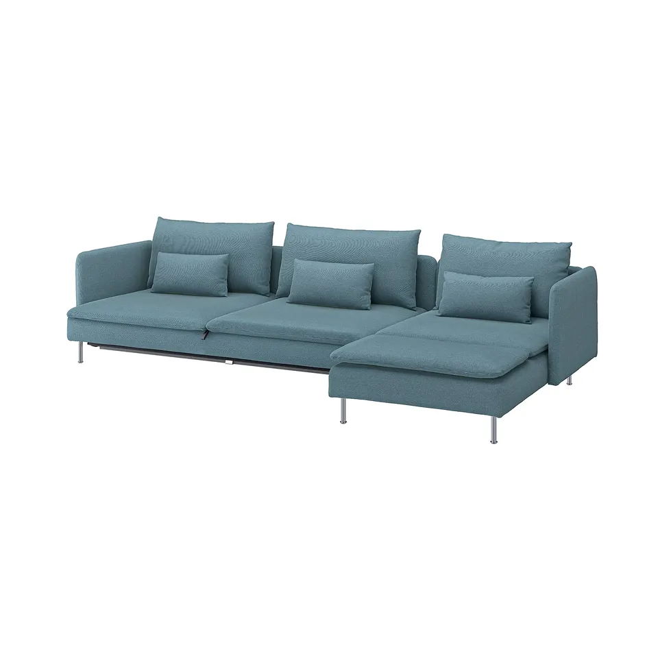 SÖDERHAMN sofa-bed, blue. Modern l-shape with deep seating, metal legs, and six decorative pillows.