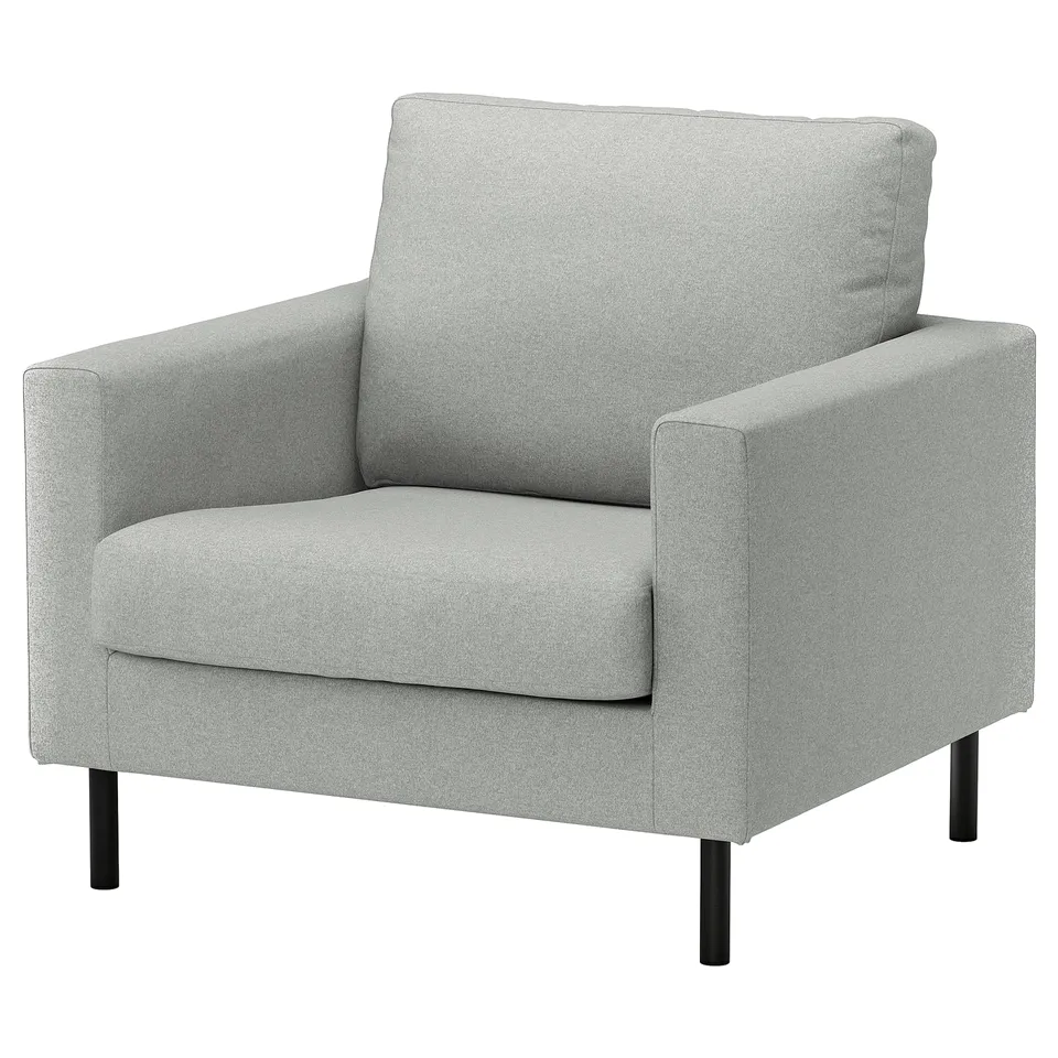 SALTSJÖBADEN armchair: modern, light grey, soft fabric, square, with metal legs.