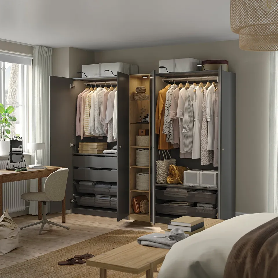 PAX / FORSAND Wardrobe combination, dark grey dark grey/oak effect, 235x60x201 cm