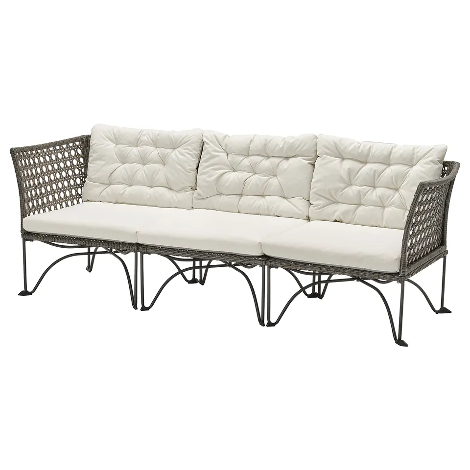 JUTHOLMEN modern outdoor sofa, white cushions, grey wicker, comfortable, sturdy.