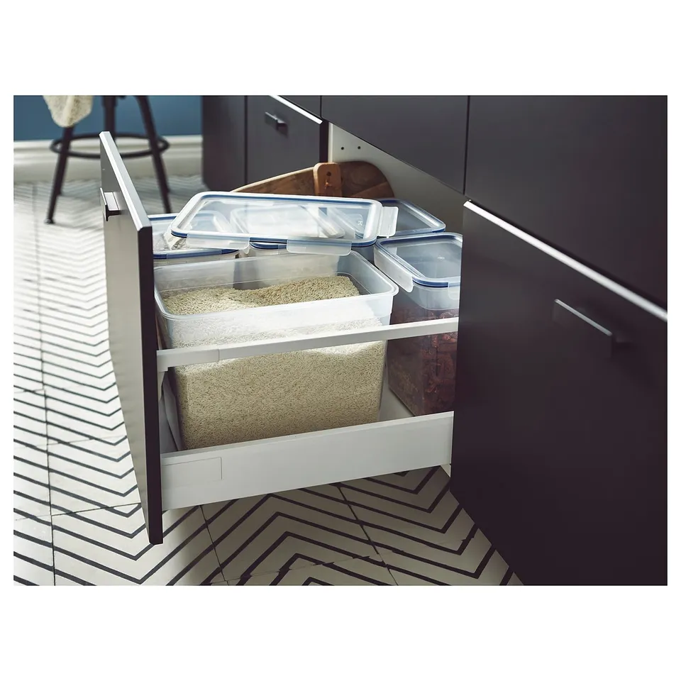 IKEA 365+ clear food containers stored in kitchen drawer, promoting organised food storage.