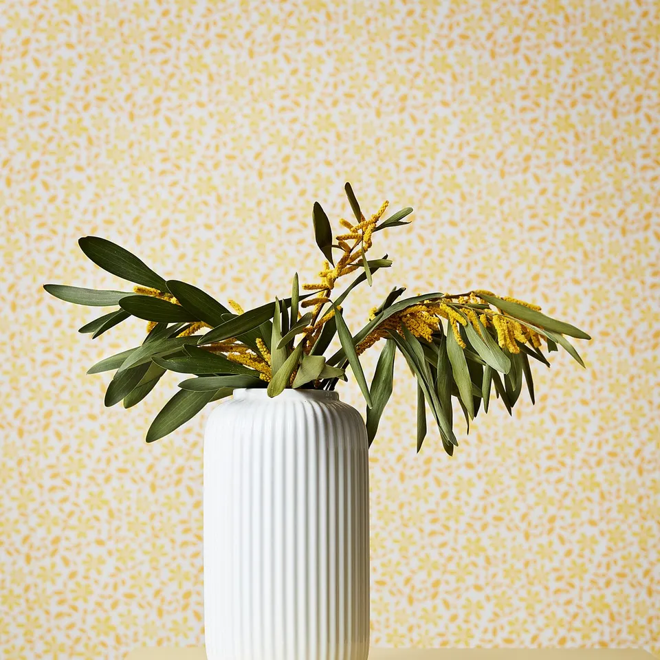 STILREN stoneware vase with green and yellow flowers, ribbed texture, home decor.