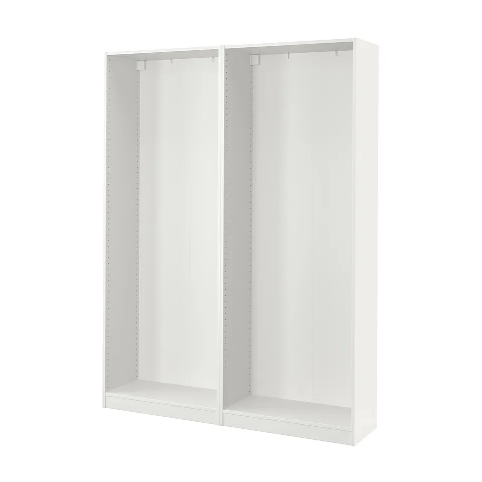 White PAX wardrobe frames, empty, minimalist design.