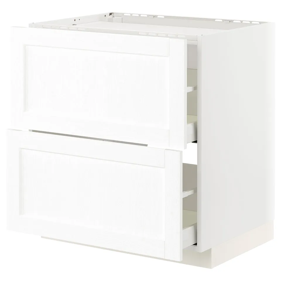 Modern white kitchen cabinet with drawers, sleek design, smooth finish.