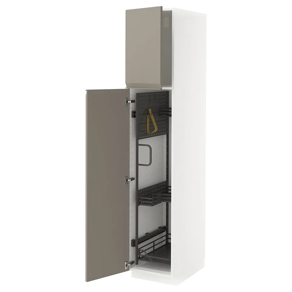 METOD white cabinet with grey-beige door, open showing storage compartments.