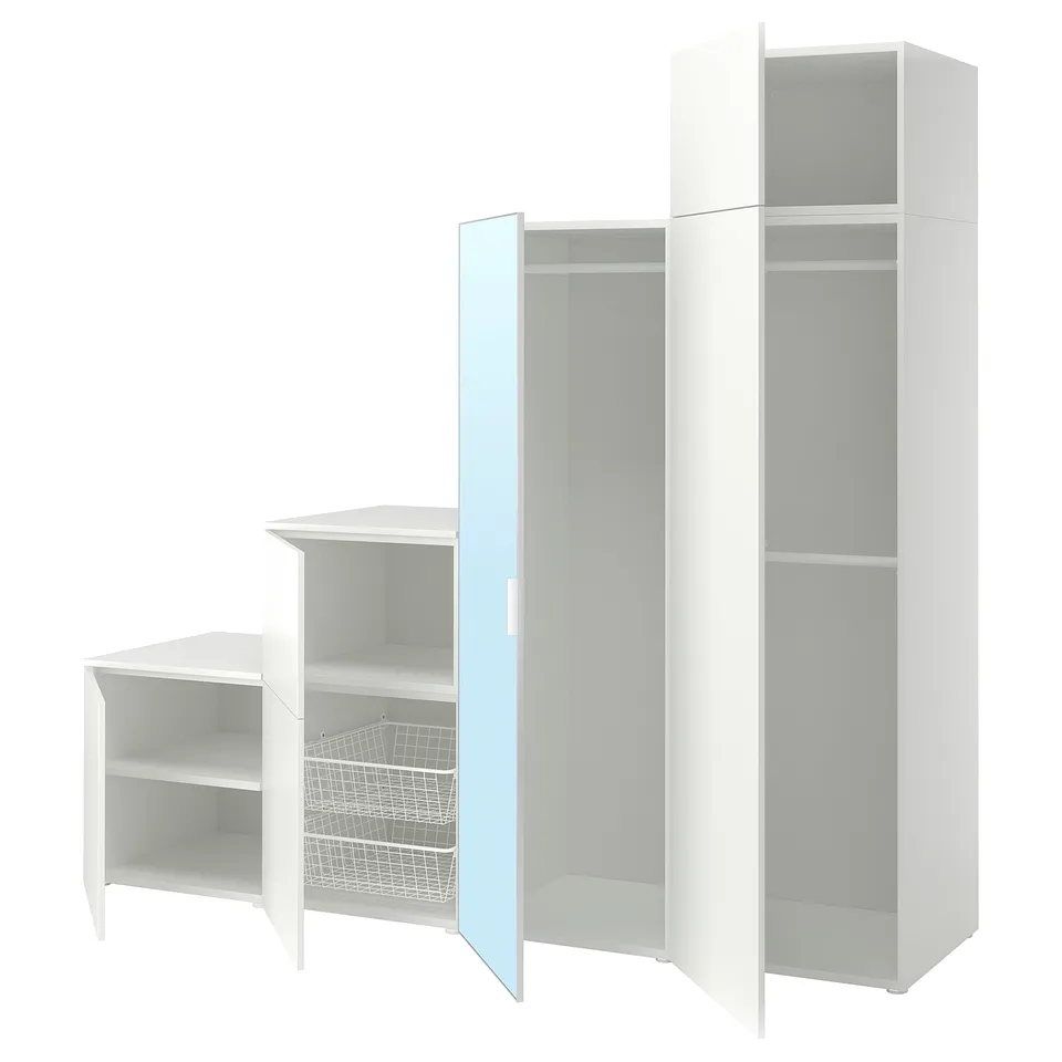 PLATSA Wardrobe w 6 doors, white STRAUMEN mirror glass/FONNES white, 240x57x221 cm