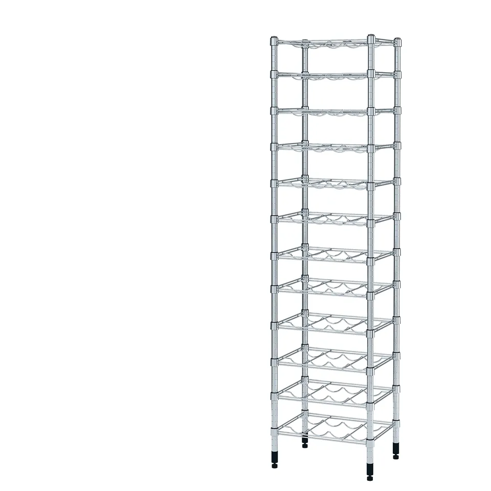OMAR silver chrome wire shelving unit, tall, adjustable feet, modern design.