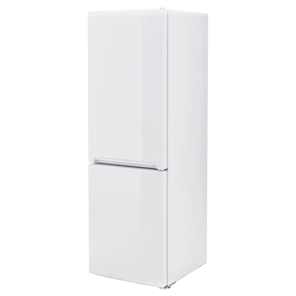 White upright fridge/freezer, sleek design, integrated handles, adjustable bins, led lights.