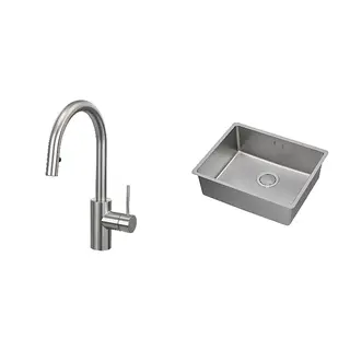 SALLSJÖN/VRESJÖN set: kitchen mixer tap pull out + inset sink, 1 bowl, stainless steel colour + stainless steel, Height 370 mm