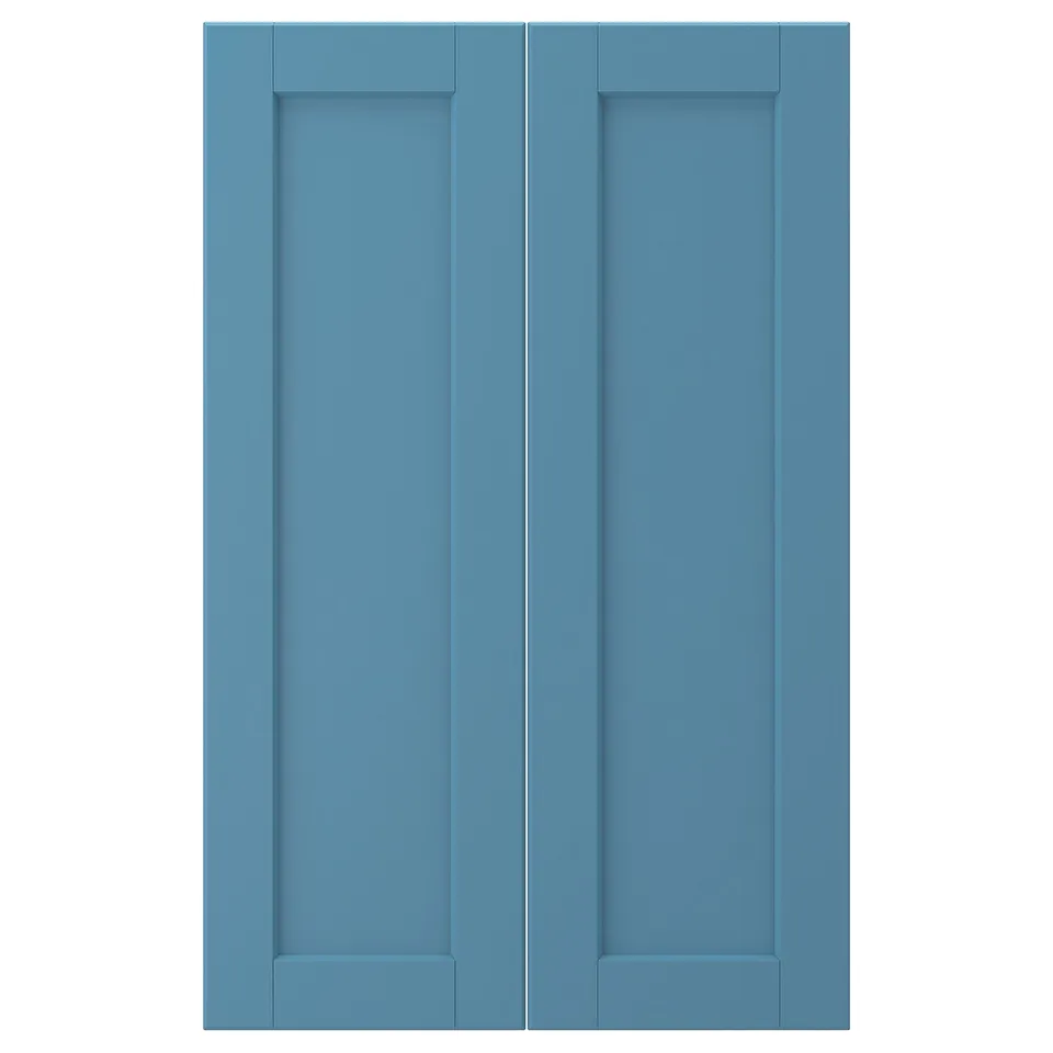 Two light blue LERHYTTAN cabinet doors with wooden panels and bevelled frames.