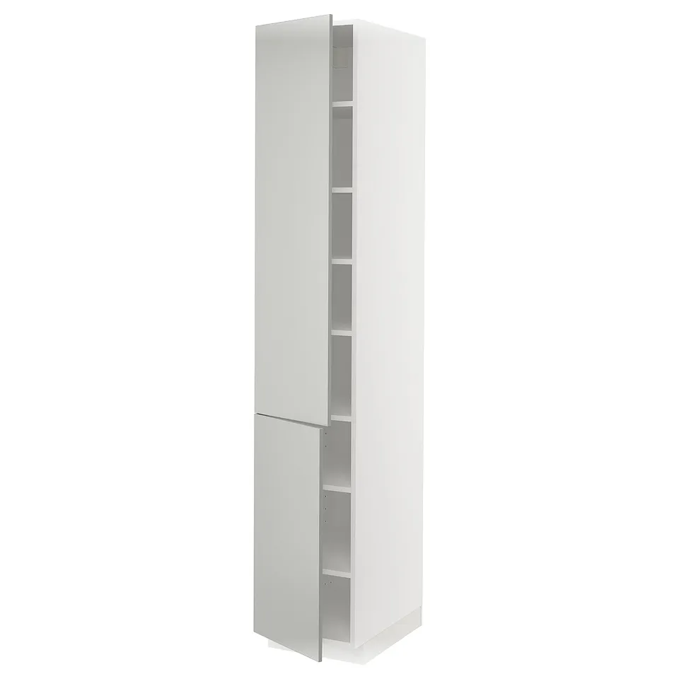 White METOD kitchen cabinet, modern, sleek, with two open doors revealing interior shelves, slim and tall.