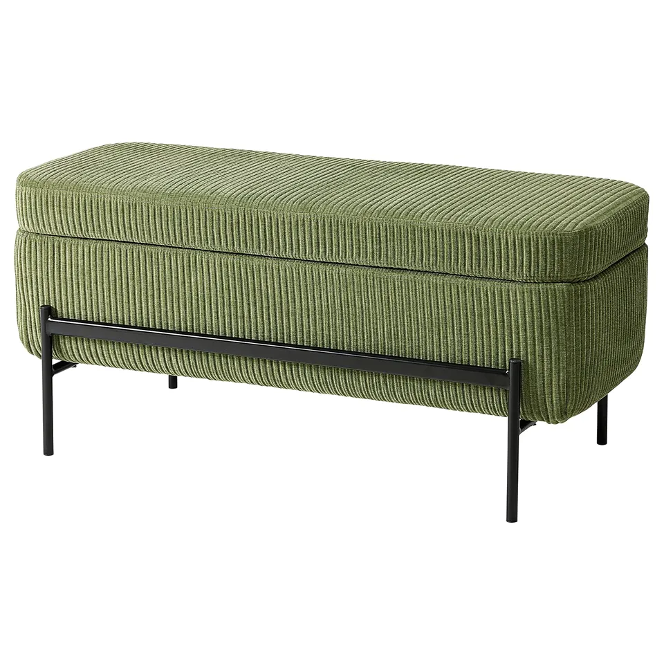 Green and black striped fabric bench with metal legs.