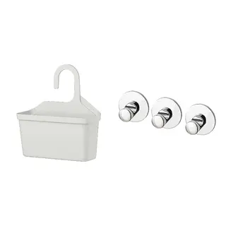 SKOGHALL/TÅNGHÄLLAN set: shower basket + hook, self-adhesive, light grey + chrome-plated, 29x31 cm
