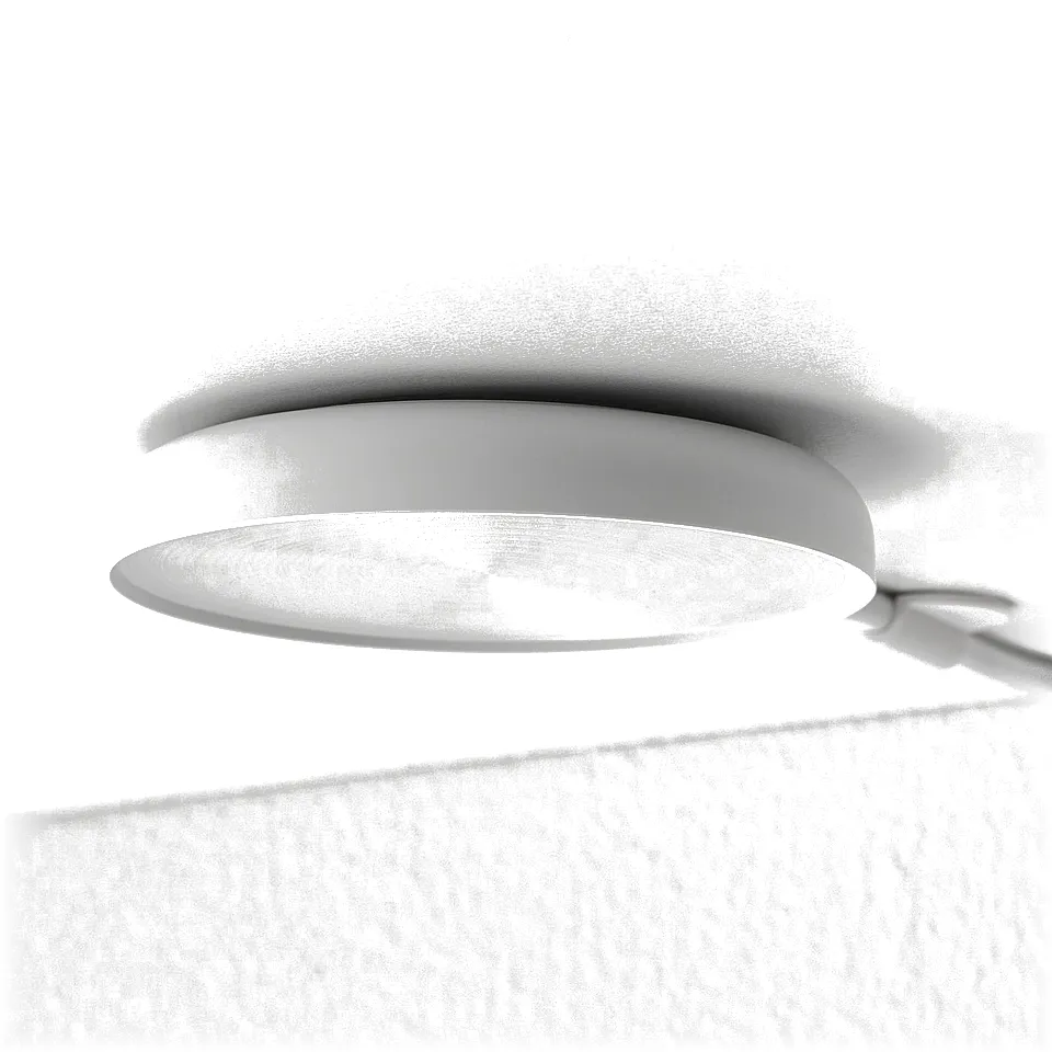 Modern white ceiling light, sleek design, centrally mounted on white ceiling.