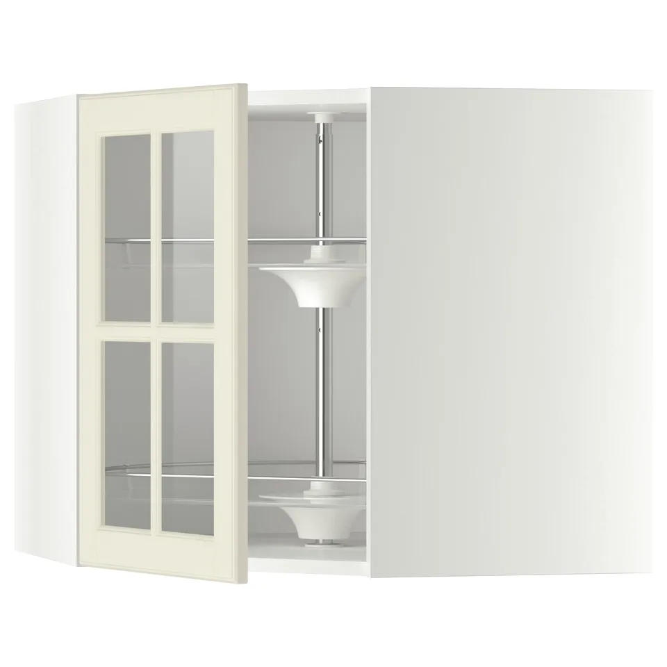 An open METOD kitchen cabinet with bodbyn glass doors in off-white, revealing a carousel inside.