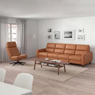 RULLERUM/STOCKHOLM/HAVBERG 4-seat sofa w 2 electric recliners/Coffee table/Swivel easy chair, Grann/Bomstad golden-brown + walnut veneer, Depth 99 x Height 92 x Width 66 cm