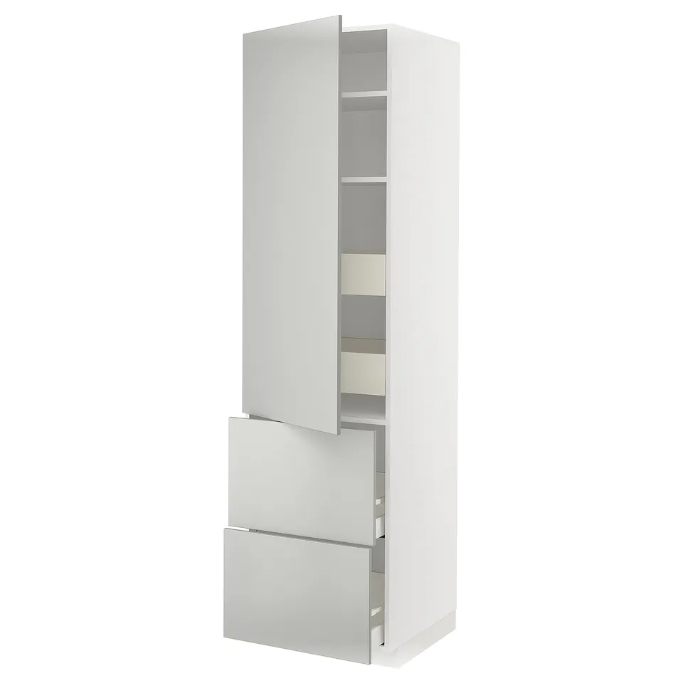 White METOD kitchen cabinet with drawers and shelves, modern design.