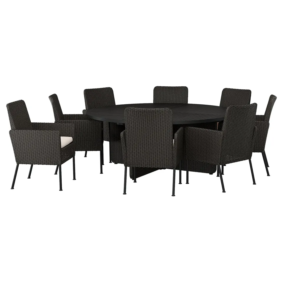 VITTSKÄR Table and 8 chairs, outdoor plastic rattan dark grey/Frösön/Duvholmen beige, 187 cm