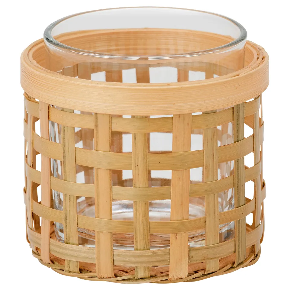 PÅVEFINK candleholder, bamboo and glass, cylindrical shape, intricate weave design, natural colour.