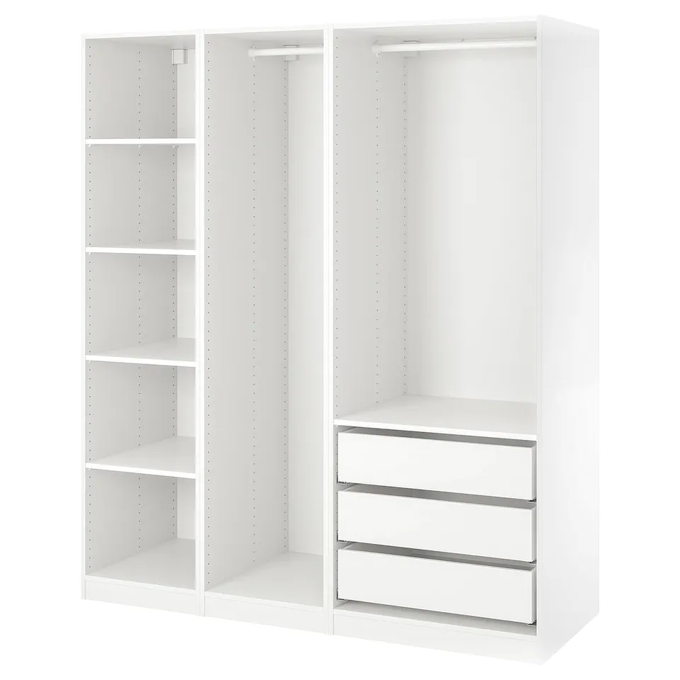 A white IKEA PAX wardrobe with open shelves and drawers. Its sleek, minimalist, and adjustable interiors.