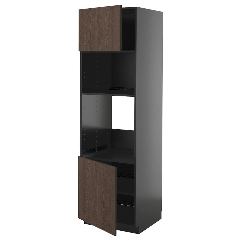Modern dark grey and wood-toned tall kitchen cabinet with open shelves.