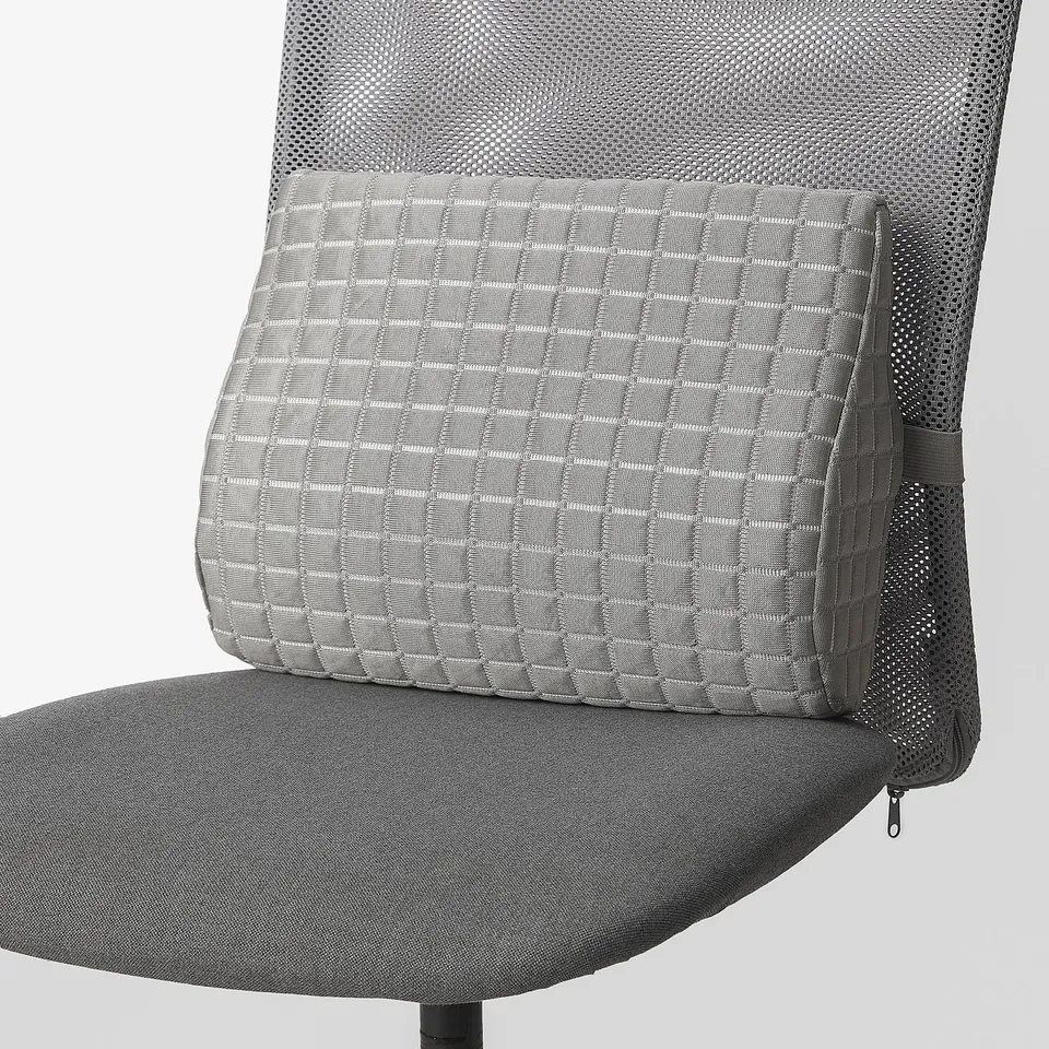 Grey lumbar support cushion with mesh side, zipped onto office chair, cooling gel side visible.