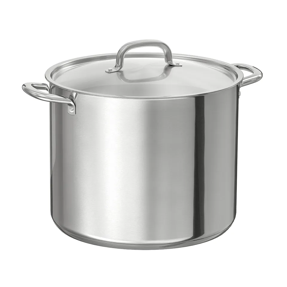 Silver IKEA 365+ stockpot with handles and lid for efficient cooking.