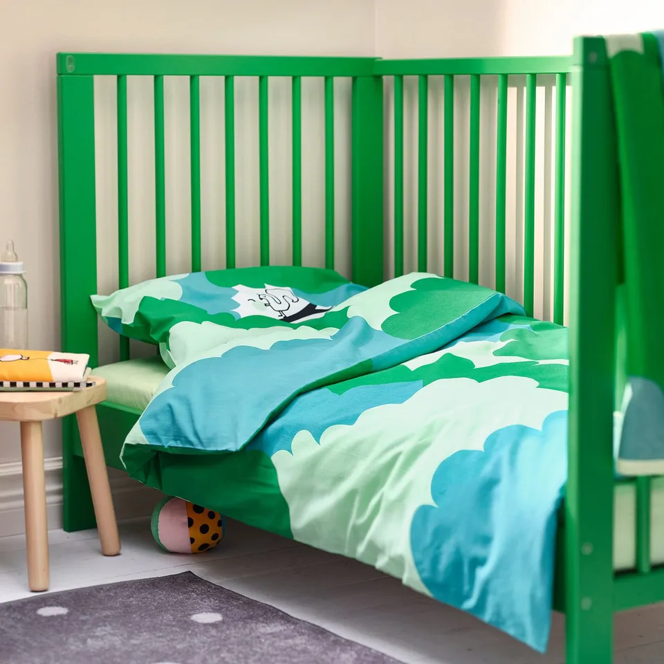 Green & blue kids bedding set with tree designs, small space-friendly, soft cotton & viscose