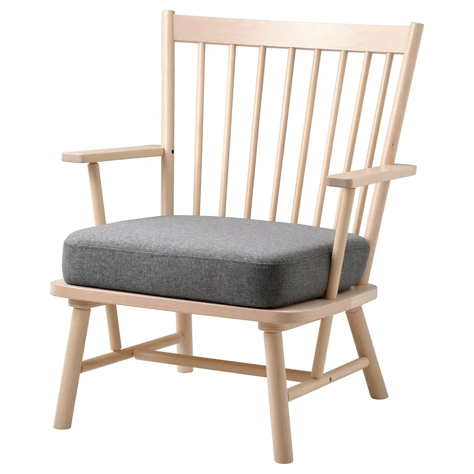 PERSBOL armchair: light wood, grey cushion, classic spindle design, comfortable seat.