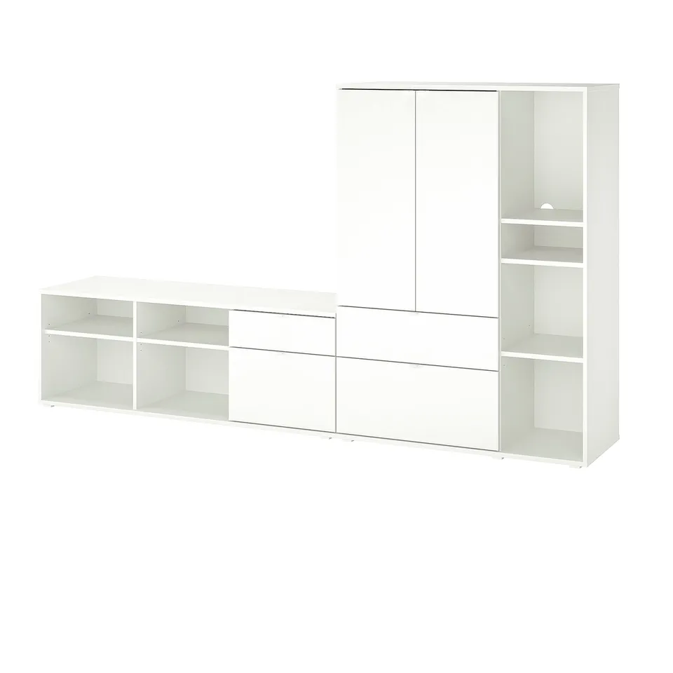Modern white tv storage unit with shelves, drawers & cabinets for functional organisation.