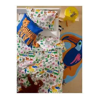 NATTHÄGER set: duvet cover and pillowcase + cushion, multicolour/jungle + blue/tiger, 150x200/50x80 cm
